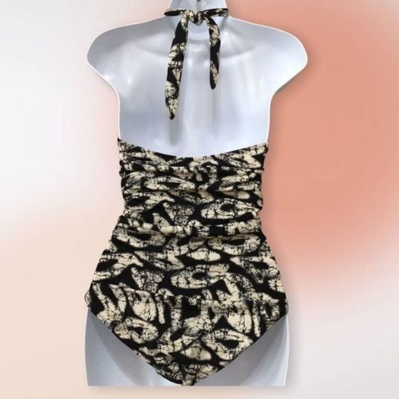 Joe Fresh One Piece Ruched Halter Swimsuit‎ Black and Tan Print S - Picture 4 of 9